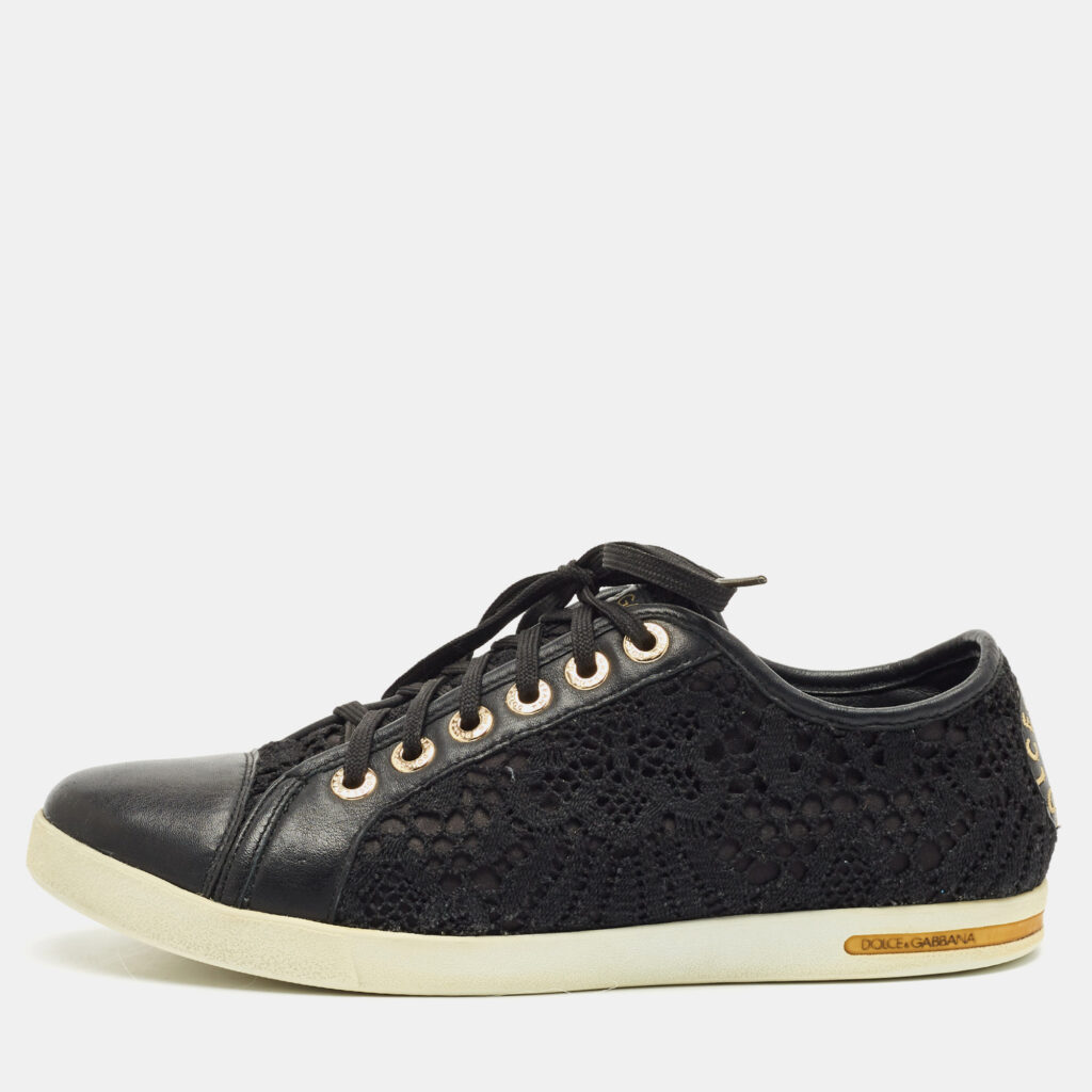 Dolce & Gabbana Black Lace and Leather Lace Up Sneakers Size 39