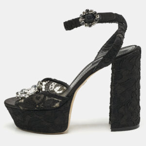 Dolce & Gabbana Black Lace and Mesh Crystal Platform Ankle Strap Sandals Size 40