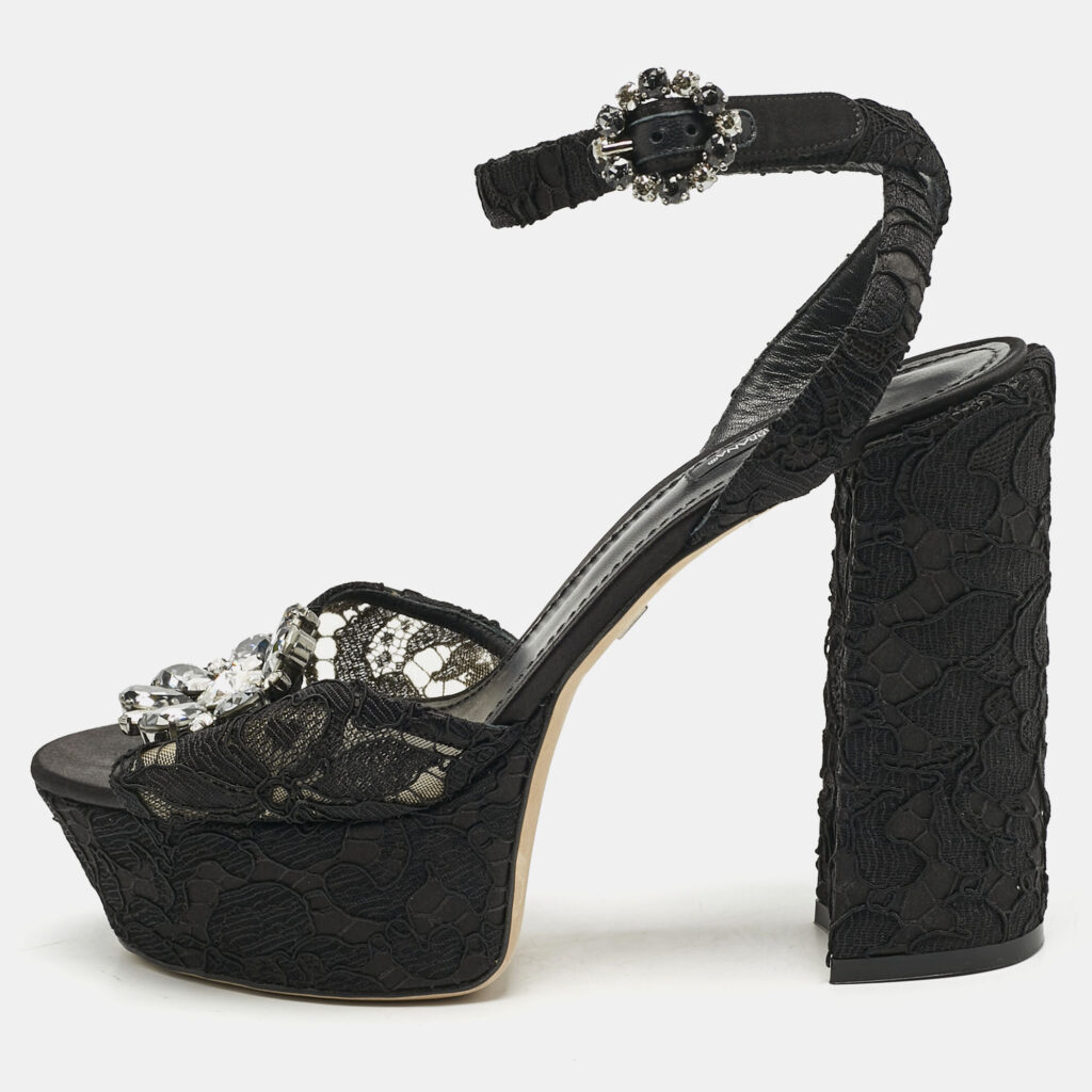 luxury-women-dolcegabbana-used-shoes-p1159788-003 Dolce & Gabbana Black Lace and Mesh Crystal Platform Ankle Strap Sandals Size 40