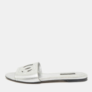 Dolce & Gabbana Metallic Silver Leather Logo Flat Slide Sandals Size 37