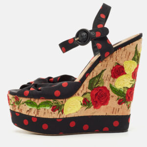 Dolce & Gabbana Multicolor Fabric Polka Dot Embroidered Knotted Bow Wedge Sandals Size 40