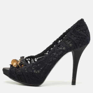 Dolce & Gabbana Black Lace and Mesh Embellished Peep Toe Pumps Size 39
