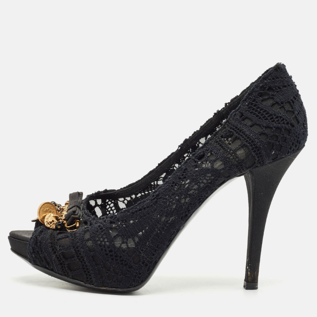 luxury-women-dolcegabbana-used-shoes-p1163650-010 Dolce & Gabbana Black Lace and Mesh Embellished Peep Toe Pumps Size 39