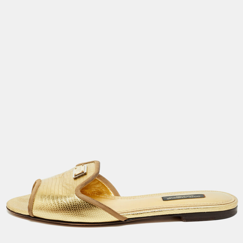 luxury-women-dolcegabbana-used-shoes-p1166399-008 Dolce & Gabbana Gold Lizard Embossed Leather Flat Slides Size 36