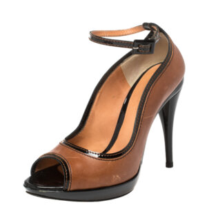 Dolce & Gabbana Brown/Black Patent and Leather Peep Toe Platform Ankle Strap Pumps Size 38
