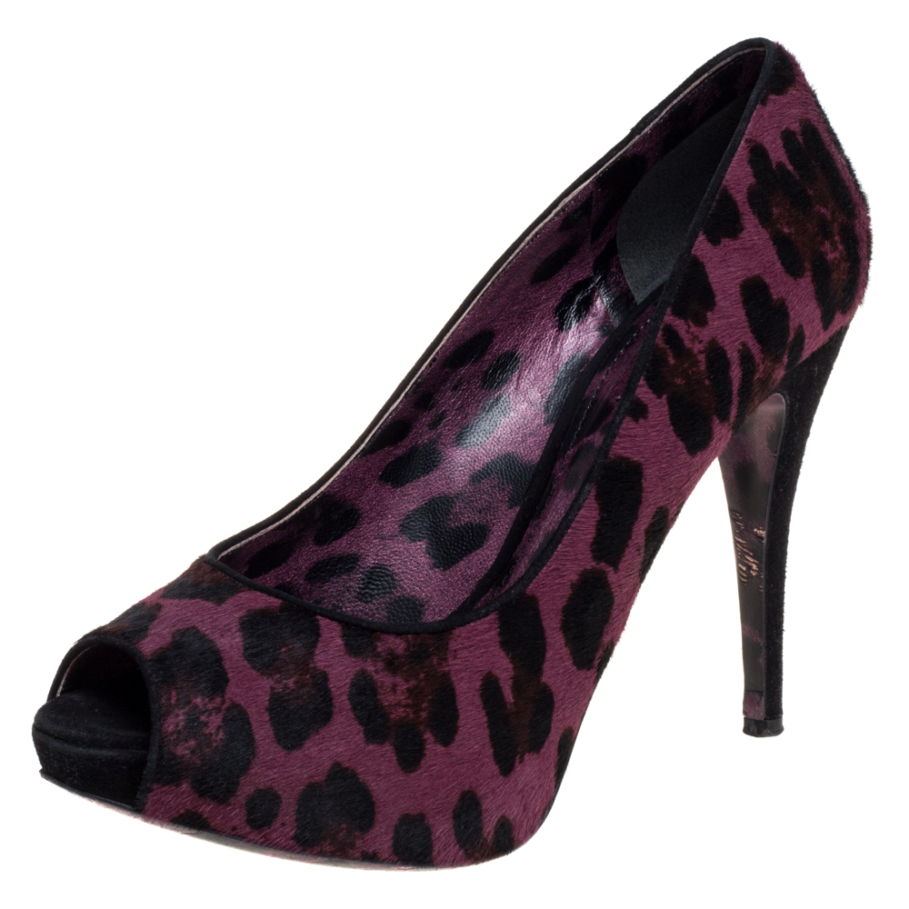 luxury-women-dolcegabbana-used-shoes-p373412-007 Dolce & Gabbana Purple Calf hair And Suede Leopard Print Peep Toe Pumps Size 40