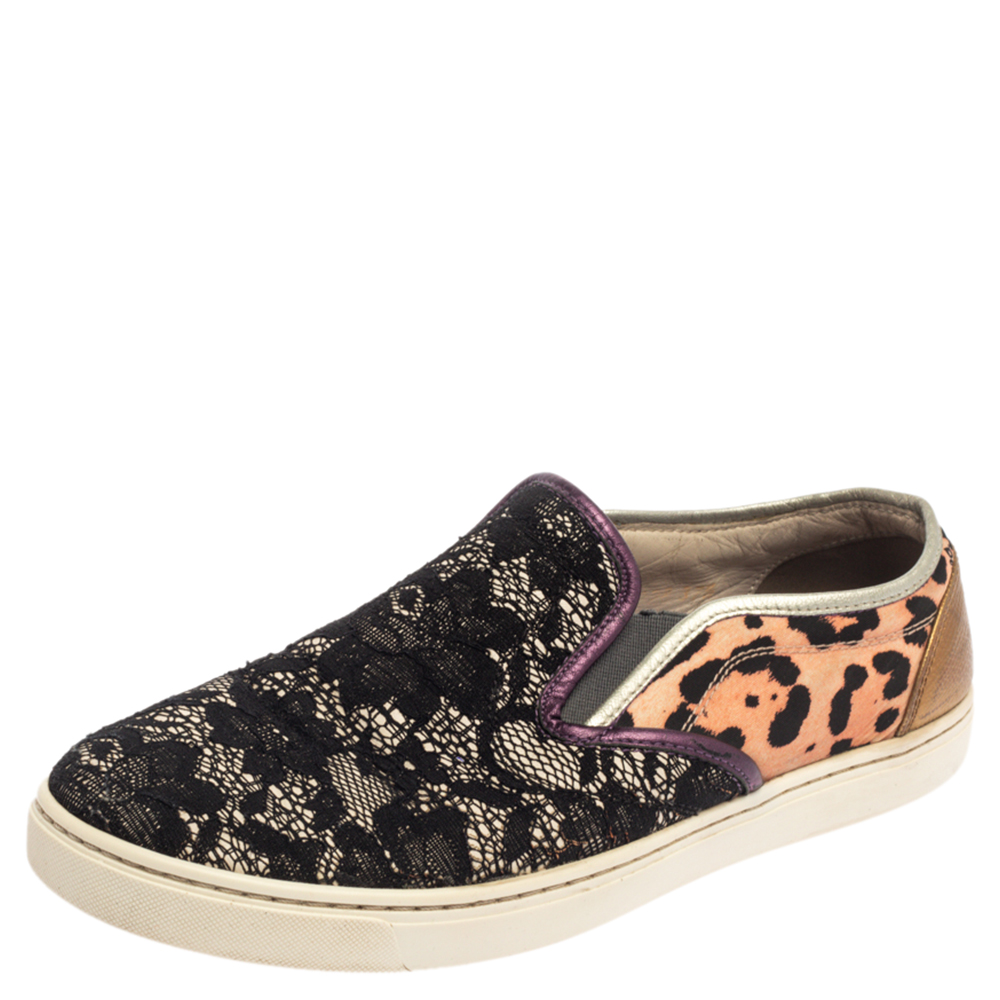 luxury-women-dolcegabbana-used-shoes-p376044-007 Dolce & Gabbana Multicolor Lace and Leather Slip On Sneakers Size 37