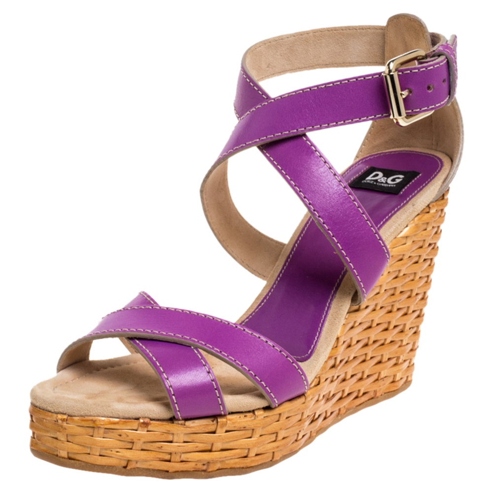 luxury-women-dolcegabbana-used-shoes-p376824-005 Dolce & Gabbana Purple Leather Ankle Strap Raffia Wedge Sandals Size 37
