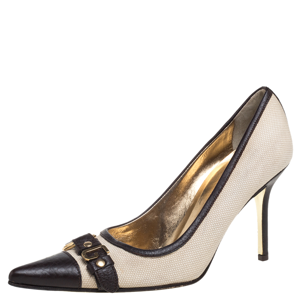 luxury-women-dolcegabbana-used-shoes-p387028-003 Dolce & Gabbana Vintage Beige/Brown Canvas And Leather Logo Embellished Cap Toe Pumps Size 38