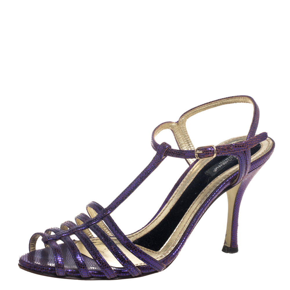 luxury-women-dolcegabbana-used-shoes-p390610-006 Dolce & Gabbana Purple Lizard Embossed Leather T Strap Sandals Size 36