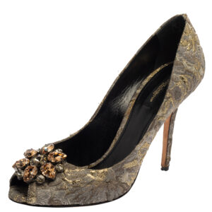 Dolce & Gabbana Grey Floral Print Brocade Fabric Bellucci Crystal Embellished Peep Toe Pumps Size 40
