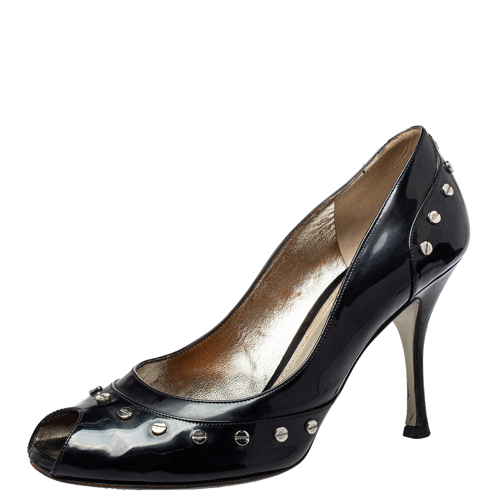 luxury-women-dolcegabbana-used-shoes-p403197-006 Dolce & Gabbana Black Patent Leather Studded Pumps Size 39.5