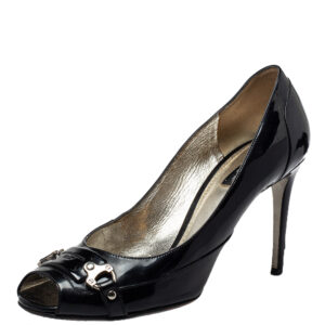 Dolce & Gabbana Black Patent Leather Buckle Peep Toe Pumps Size 40