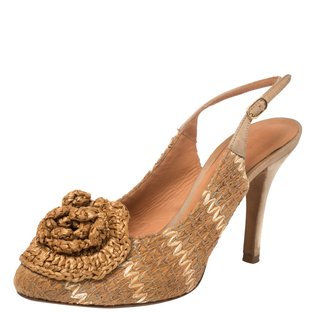 luxury-women-dolcegabbana-used-shoes-p405073-008 Dolce & Gabbana Tan And Beige Leather And Raffia Flower Slingback Pumps Size 37