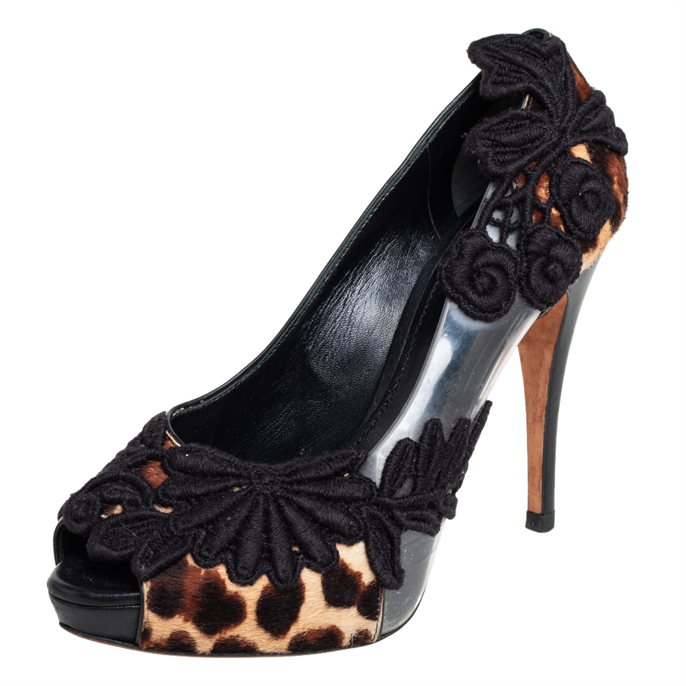 luxury-women-dolcegabbana-used-shoes-p422917-004 Dolce & Gabbana Black/Brown Calf Hair And PVC Leopard Print Floral Embroidered Peep Toe Pumps Size 37.5