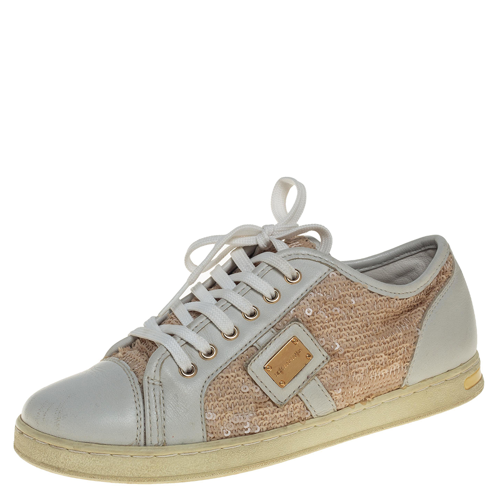 luxury-women-dolcegabbana-used-shoes-p434776-004 Dolce &Gabbana White/Brown Leather Sequin Embellished Sneakers Size 34