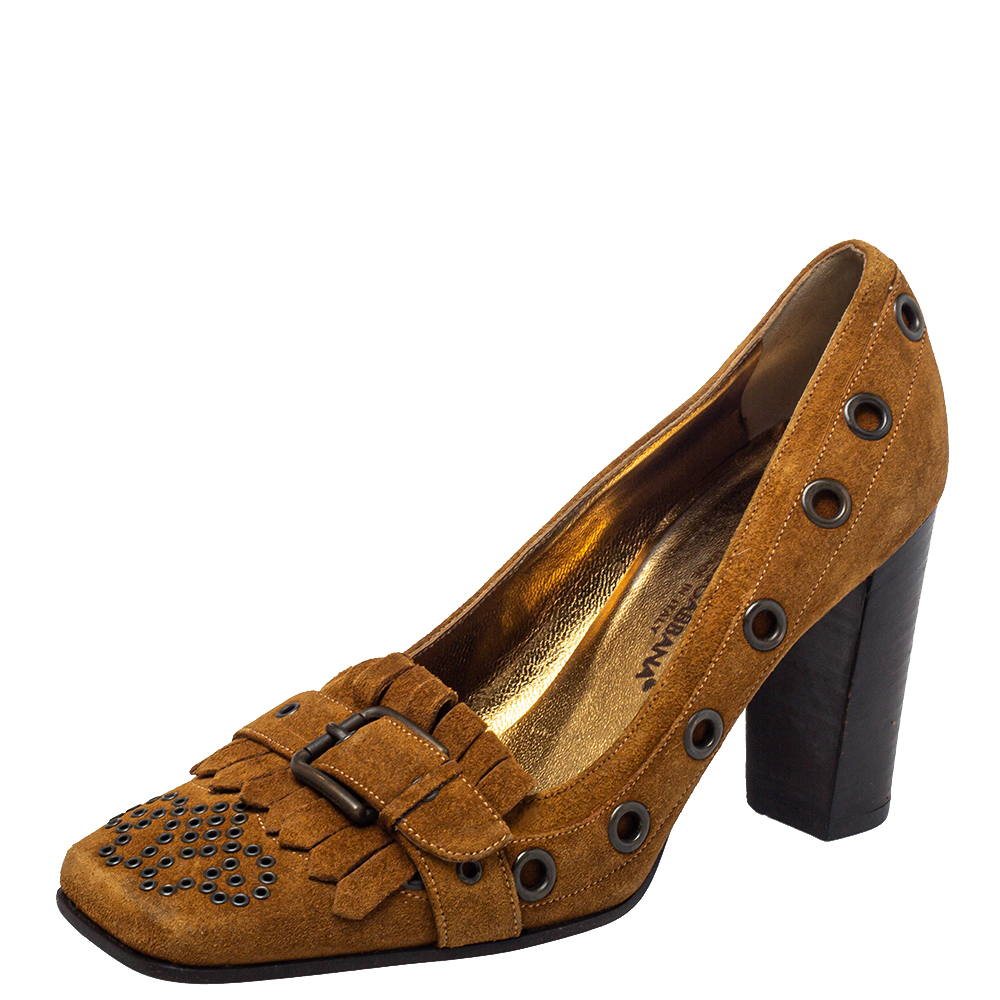 luxury-women-dolcegabbana-used-shoes-p444898-006 Dolce & Gabbana Brown Suede Block Heel Pumps Size 37