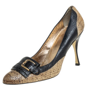 Dolce & Gabbana Black/Beige Python and Leather Buckle Detail Fringe Pumps Size 37.5