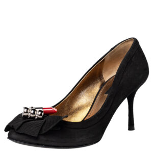 Dolce & Gabbana Black Suede And Fabric Embellished Bow Pumps Size 36