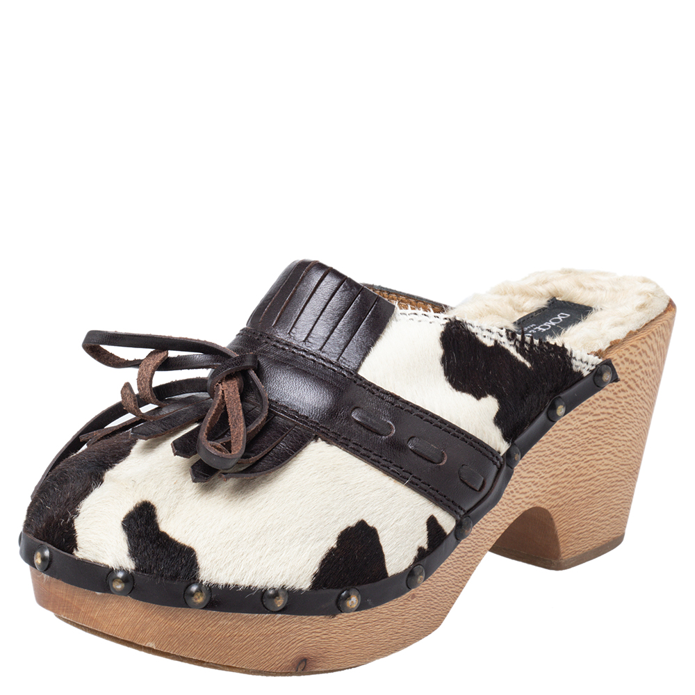 luxury-women-dolcegabbana-used-shoes-p466796-008 Dolce & Gabbana Brown Calf Hair And Leather Bow Fringe Detail Wooden Clogs Size 39