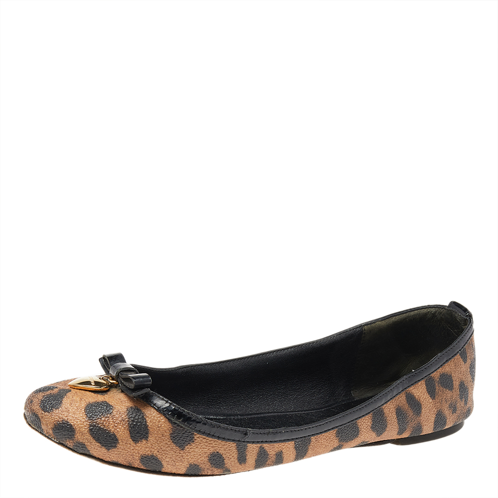 luxury-women-dolcegabbana-used-shoes-p492275-006 Dolce & Gabbana Brown Leopard Print Coated Canvas Bow Detail Ballet Flats Size 37
