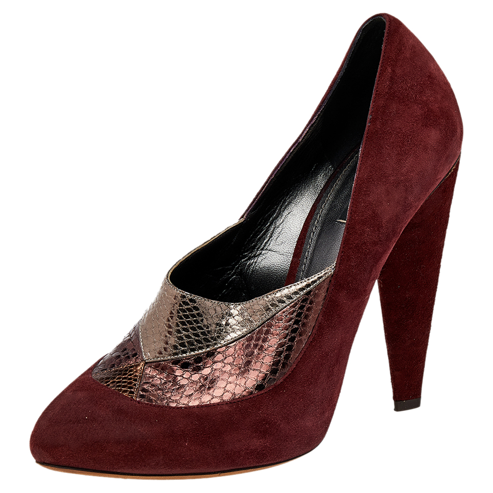 luxury-women-dolcegabbana-used-shoes-p499787-001 Dolce & Gabbana Burgundy/Brown Suede And Python Embossed Leather Pointed Toe Pumps Size 41