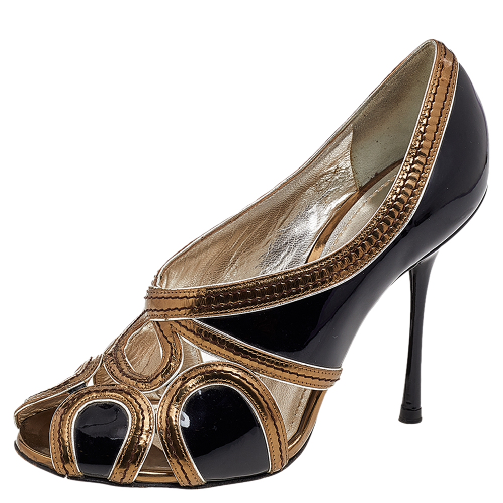 luxury-women-dolcegabbana-used-shoes-p567506-002-2 Dolce & Gabbana Black/Gold Patent Leather and Leather Peep Toe Pumps Size 36