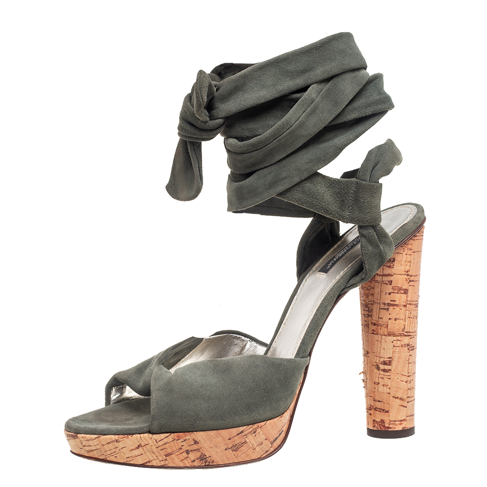 luxury-women-dolcegabbana-used-shoes-p568835-004 Dolce & Gabbana Army Green Suede Ankle-Wrap Sandals Size 41