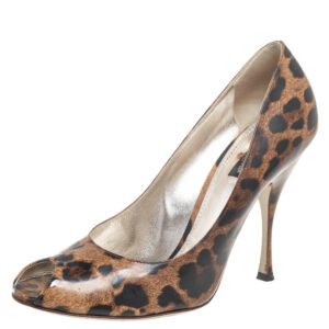 Dolce & Gabbana Brown/Black Leopard Print Leather Peep-Toe Pumps Size 41