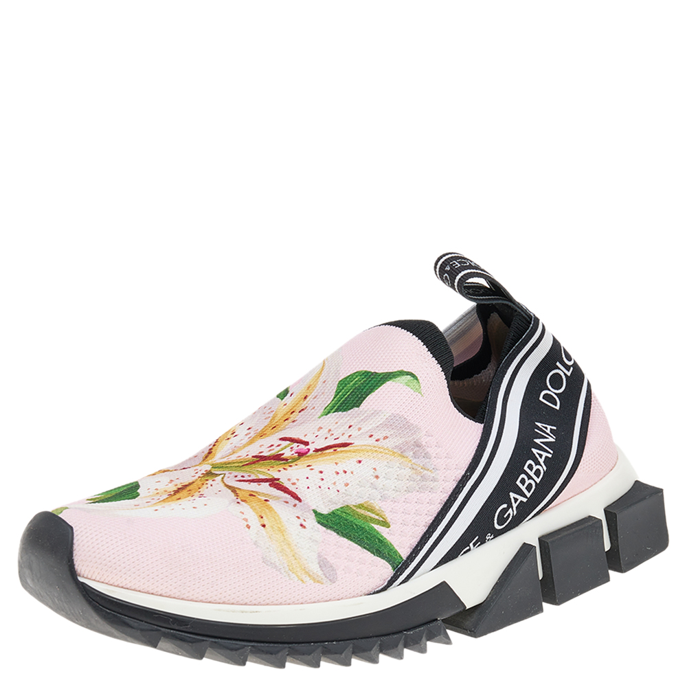 luxury-women-dolcegabbana-used-shoes-p569347-009-2 Dolce & Gabbana Pink Knit Fabric Sorrento Slip on Sneakers Size 37.5