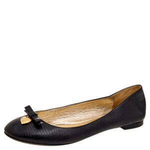 Dolce & Gabbana Black Lizard Embossed Leather Bow Detail Ballet Flats Size 37.5