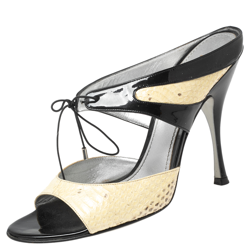 luxury-women-dolcegabbana-used-shoes-p570509-003-1 Dolce & Gabbana Black/Beige Patent And Python Leather Open Toe Sandals Size 40