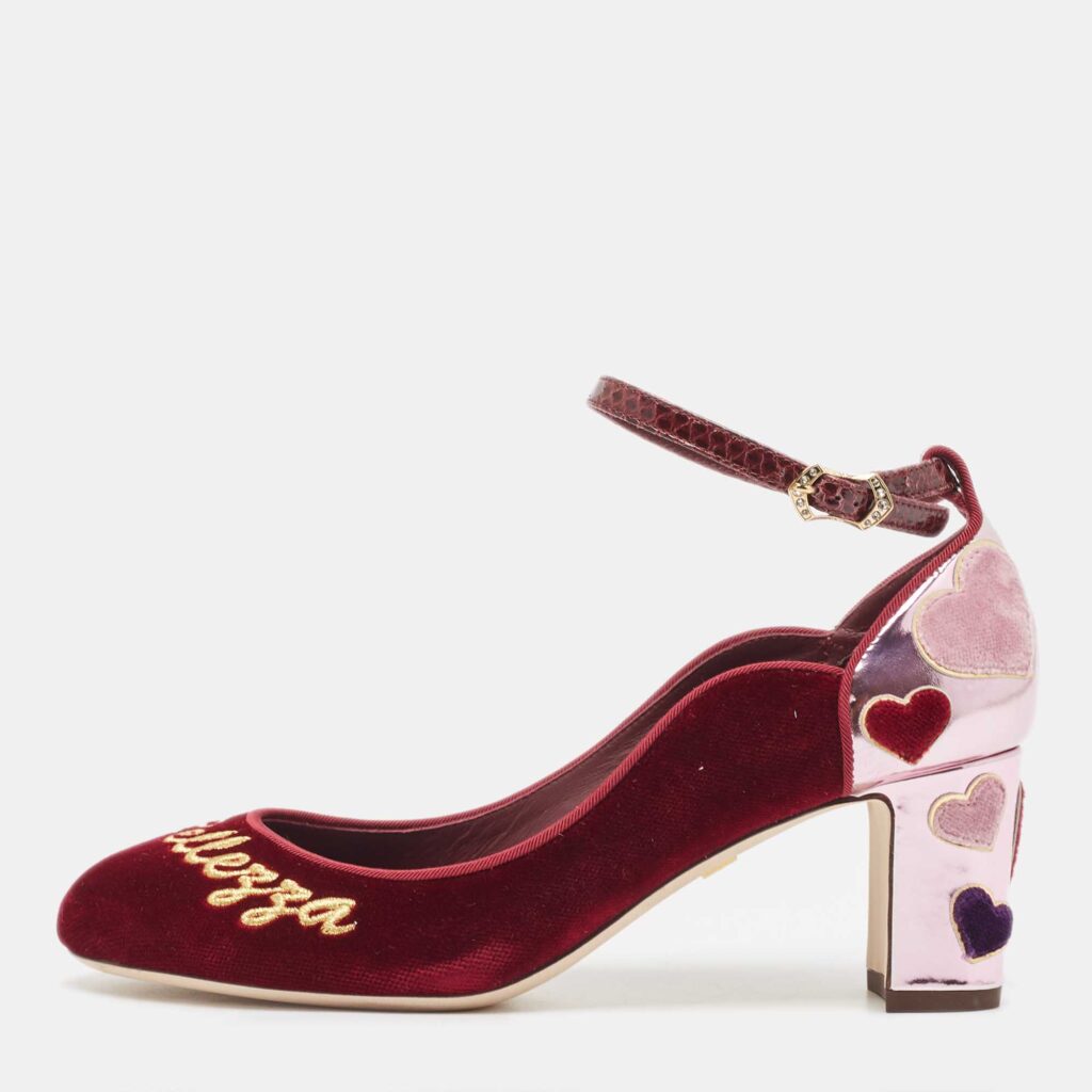 luxury-women-dolcegabbana-used-shoes-p585569-003-2 Dolce & Gabbana Burgundy Velvet L' Amore Block Heel Pumps Size 38