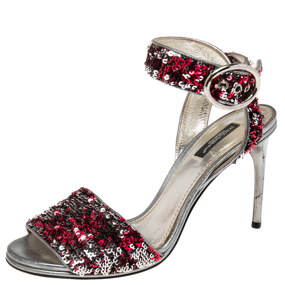luxury-women-dolcegabbana-used-shoes-p605076-003-2 Dolce & Gabbana Pink/Silver Leather And Sequins Ankle Strap Sandals Size 38.5