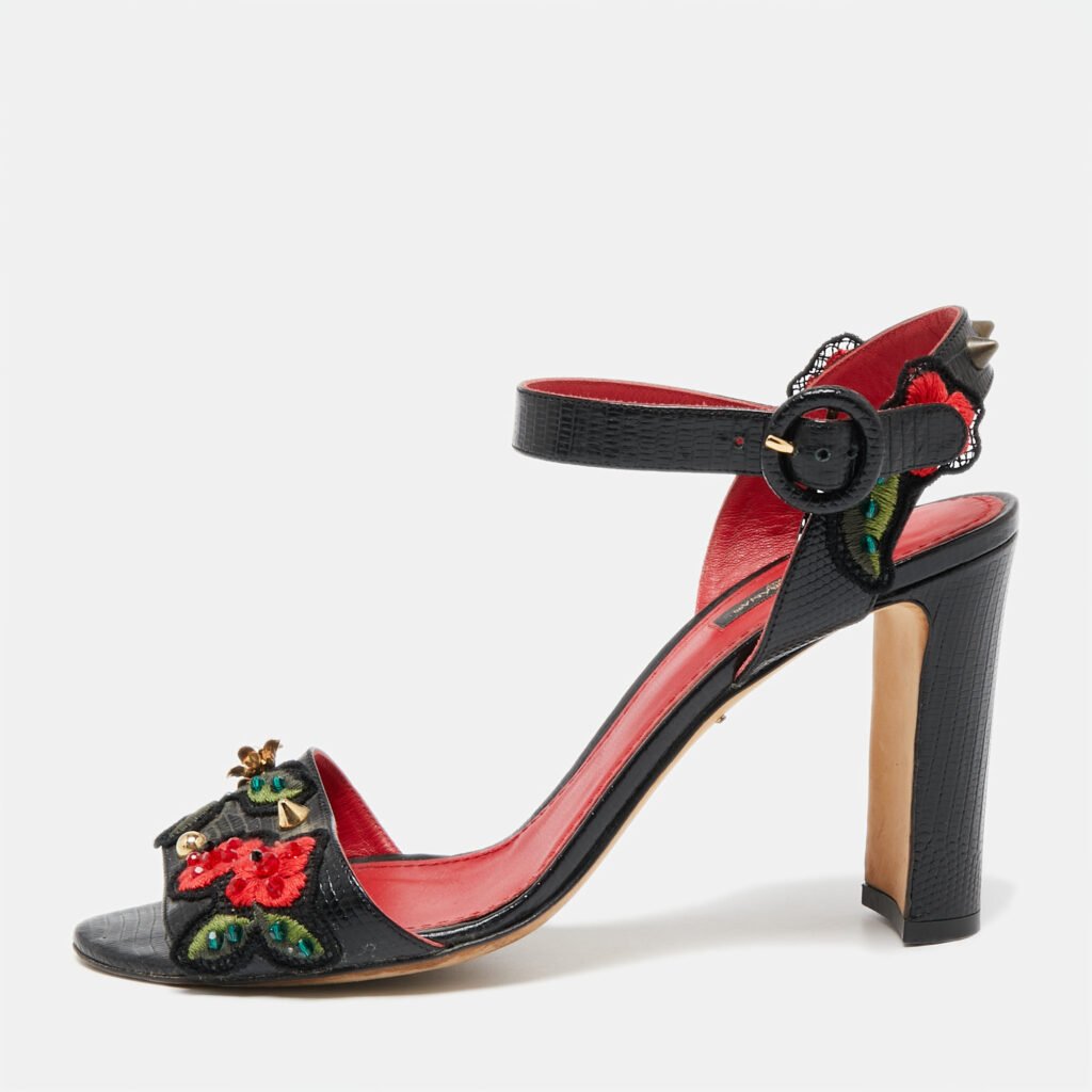 luxury-women-dolcegabbana-used-shoes-p641279-001-2 Dolce & Gabbana Black Lizard Embossed Carnation Heeled Sandals Size 40