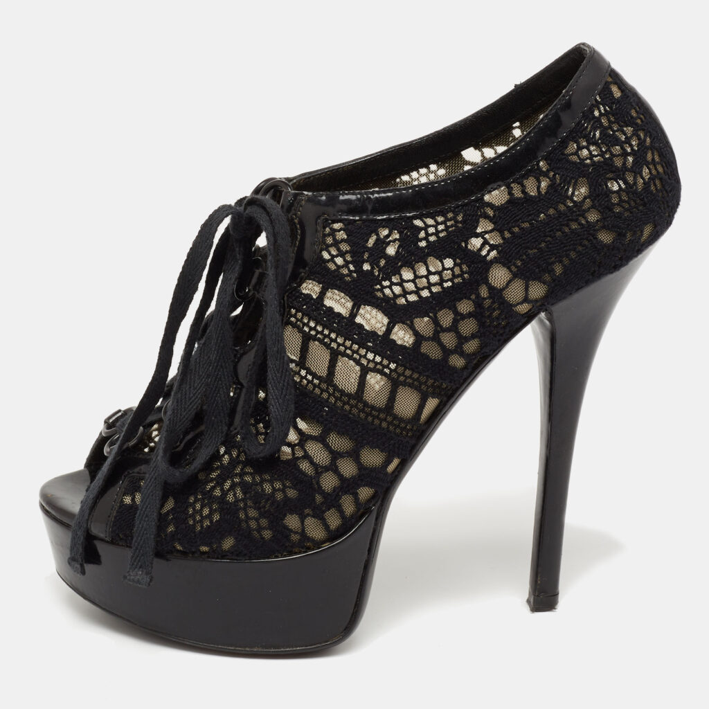 luxury-women-dolcegabbana-used-shoes-p641980-003 Dolce & Gabbana Black Lace and Patent Leather Lace-Up Peep-Toe Platform Booties Size 37.5