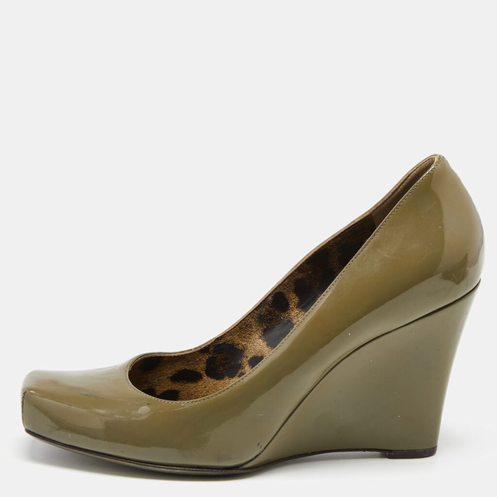 luxury-women-dolcegabbana-used-shoes-p653030-001-2 Dolce & Gabbana Olive Green Patent Leather Wedge Pumps Size 38
