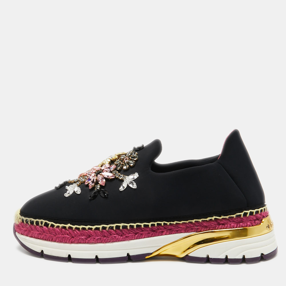 luxury-women-dolcegabbana-used-shoes-p766566-001 Dolce & Gabbana Black Neoprene Barcelona Crystal Embellished Sneakers Size 40.5