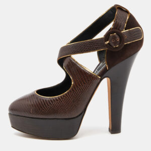 Dolce & Gabbana Brown Embossed Lizard and Suede Cross Ankle Strap Platform Pumps Size 39
