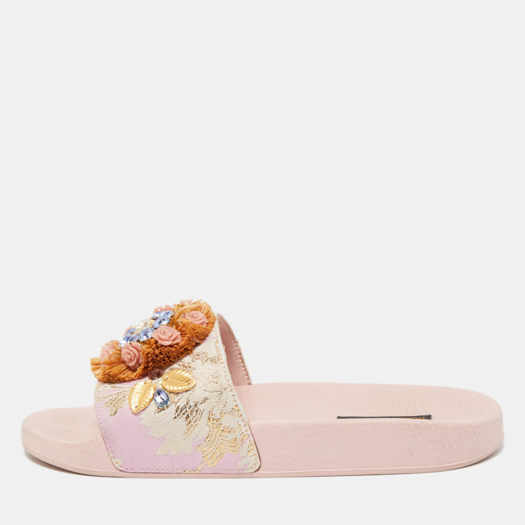 luxury-women-dolcegabbana-used-shoes-p857362-001 Dolce & Gabbana Pink Jacquard Fabric Embellished Slides Size 40