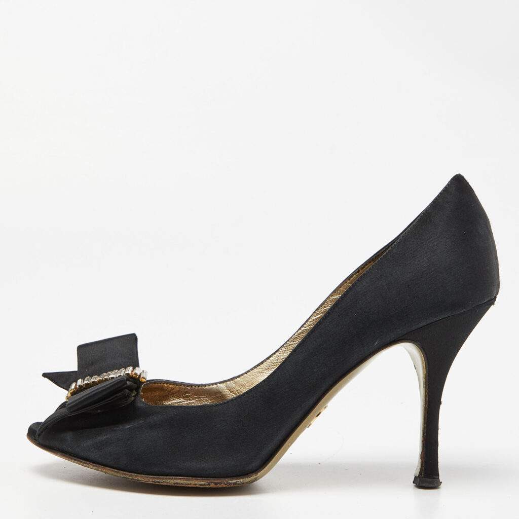 luxury-women-dolcegabbana-used-shoes-p923918-009 Dolce & Gabbana Black Satin Crystal Embellished Peep Toe Pumps Size 37.5