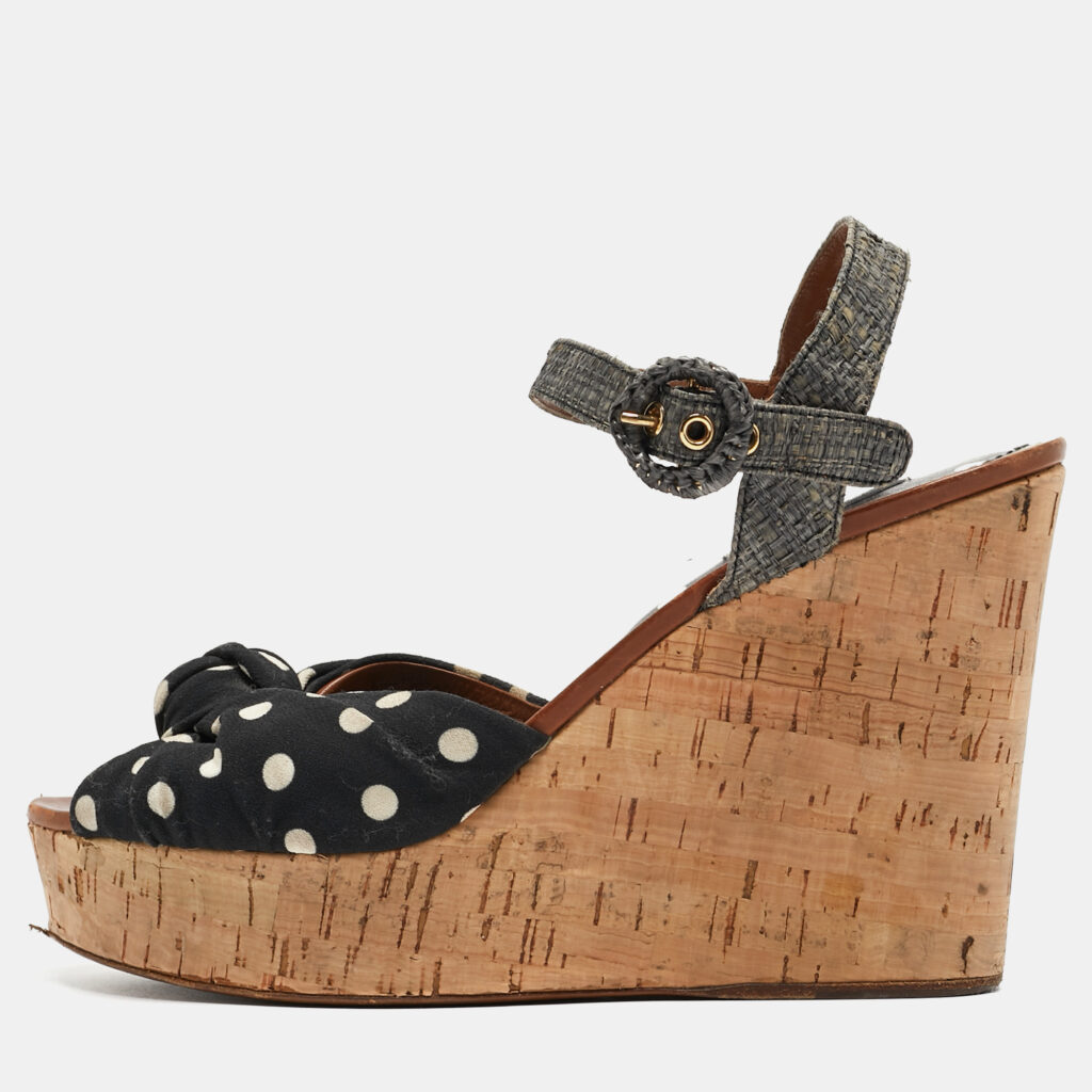 luxury-women-dolcegabbana-used-shoes-p929292-001 Dolce & Gabbana Black/Grey Knotted Polka Dot Fabric and Raffia Cork Wedge Ankle Strap Sandals Size 41