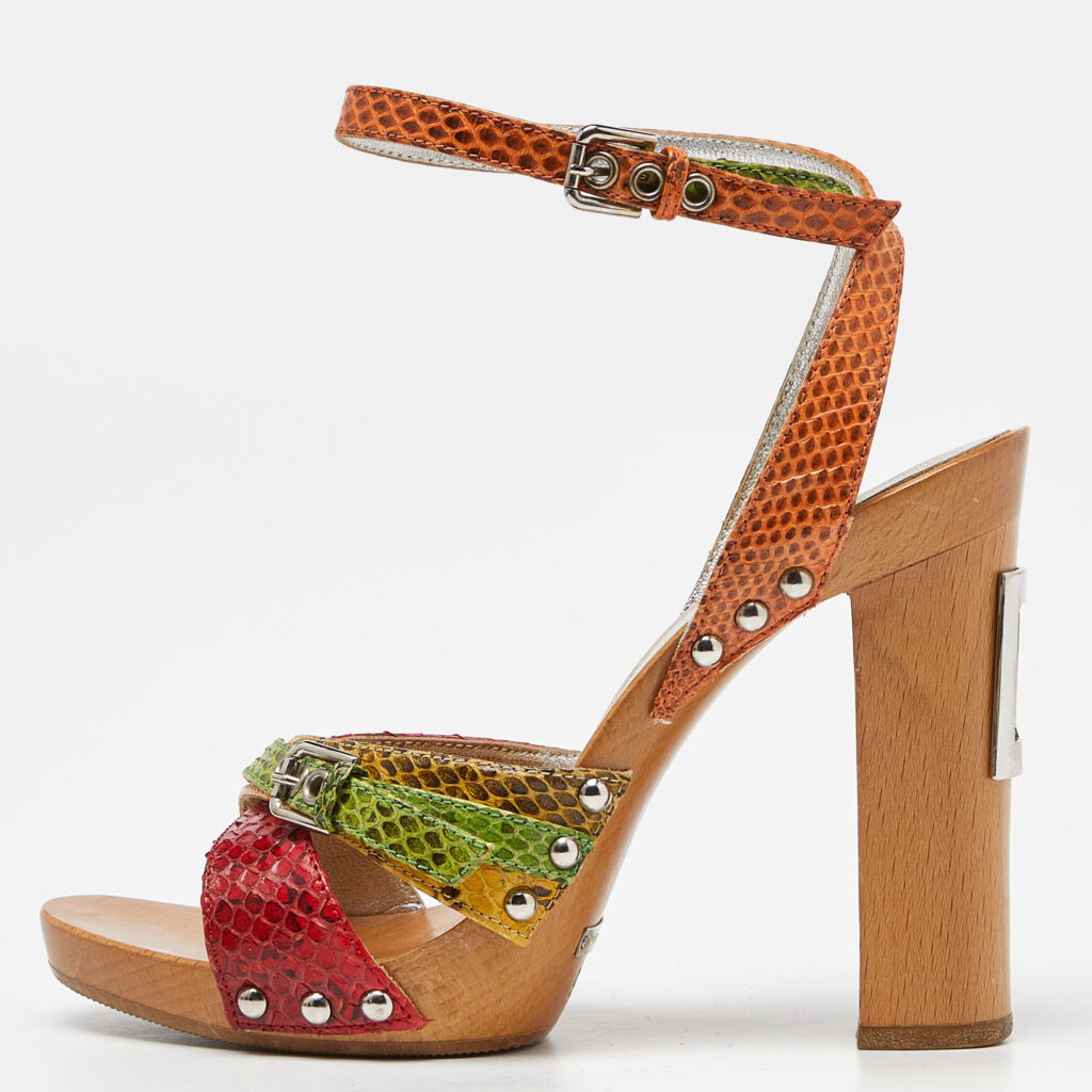 luxury-women-dolcegabbana-used-shoes-p932645-009 Dolce & Gabbana Multicolor Watersnake Leather Block Heel Strappy Sandals Size 36