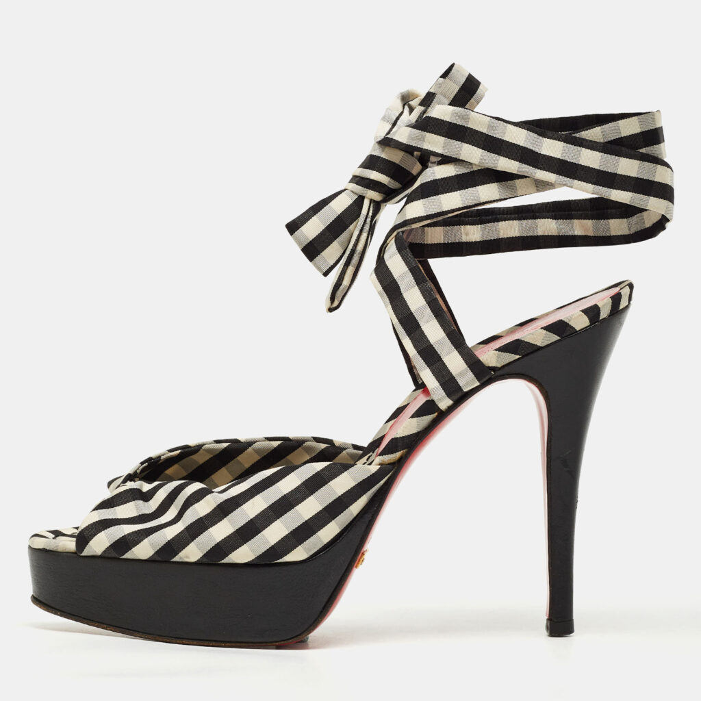 luxury-women-dolcegabbana-used-shoes-p933256-011 Dolce & Gabbana Black/White Plaid Fabric Platform Ankle Tie Sandals Size 38