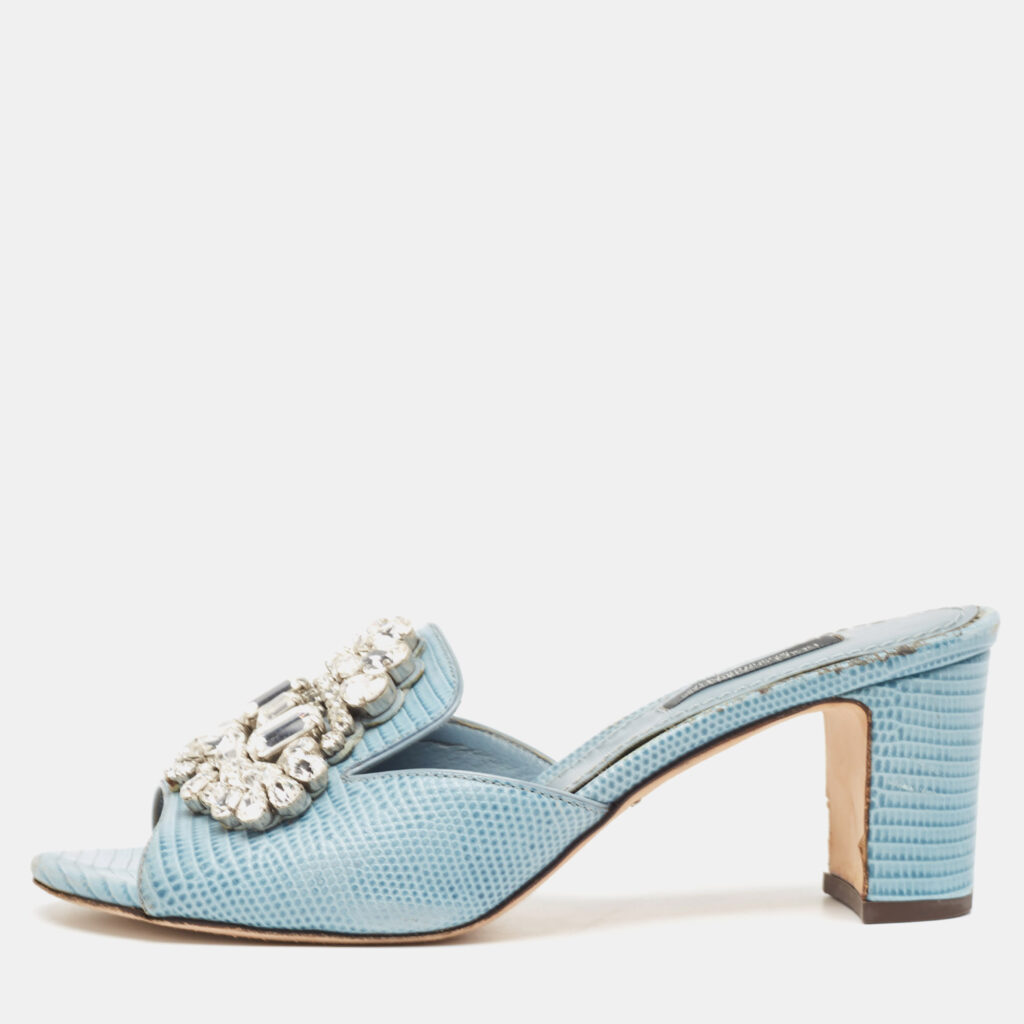 luxury-women-dolcegabbana-used-shoes-p936291-001 Dolce & Gabbana Light Blue Embossed Lizard Crystal Embellished Slide Sandals Size 36