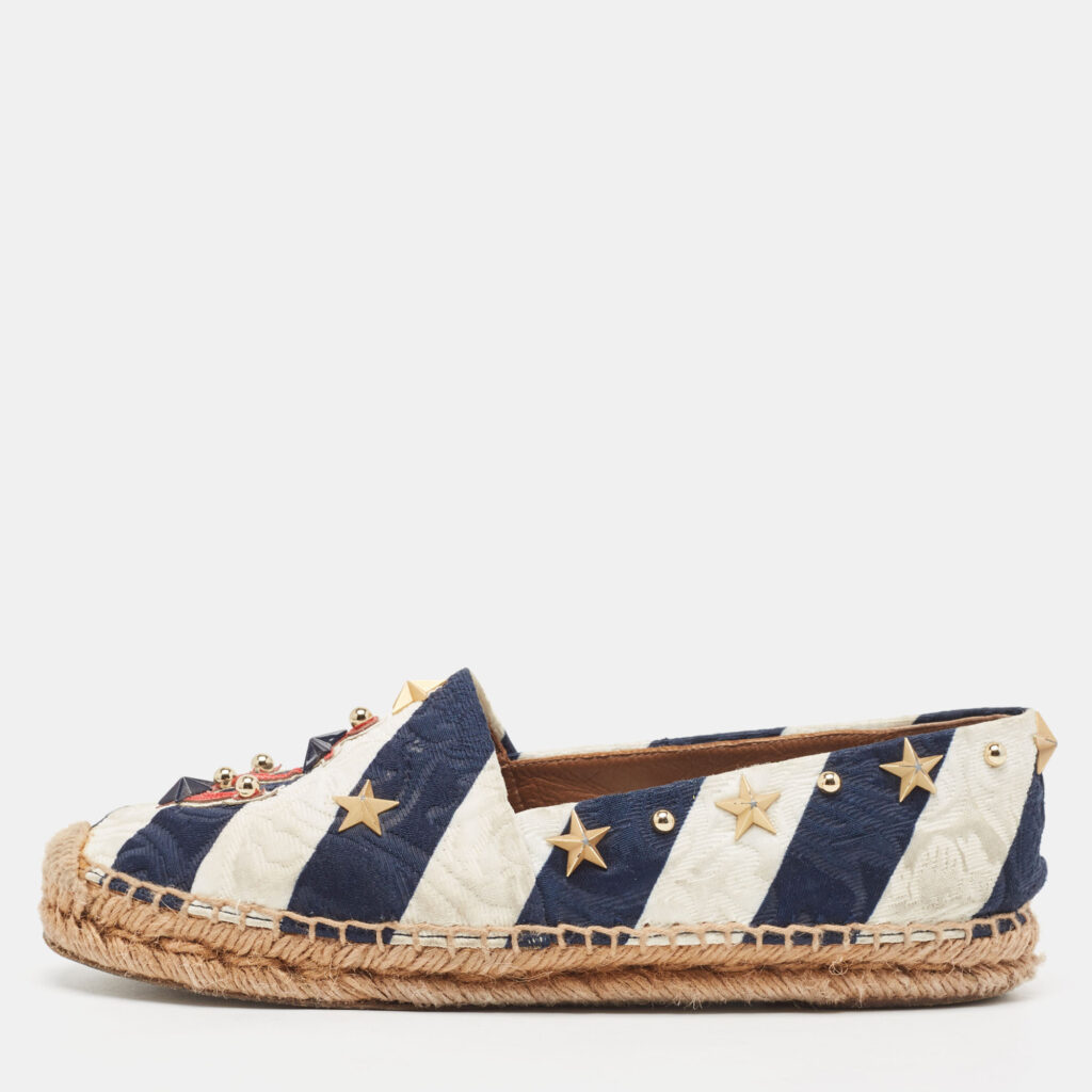 Dolce & Gabbana Navy Blue/White Striped Brocade Fabric Star Studded Espadrille Flats Size 36