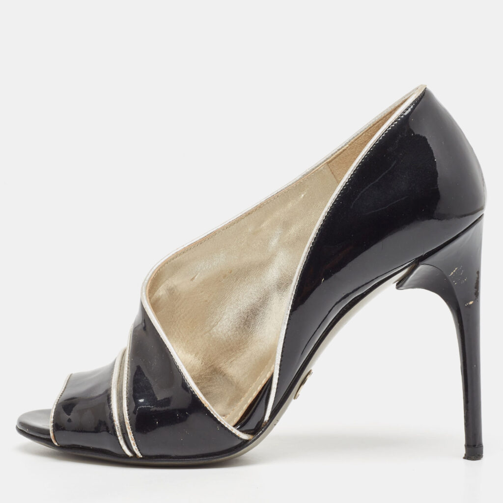 Dolce & Gabbana Black/Silver Patent and Leather Cut Out Peep Toe Pumps Size 37.5