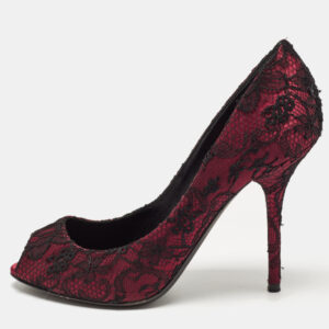 Dolce & Gabbana Burgundy/Black Lace and Mesh Peep Toe Pumps Size 38