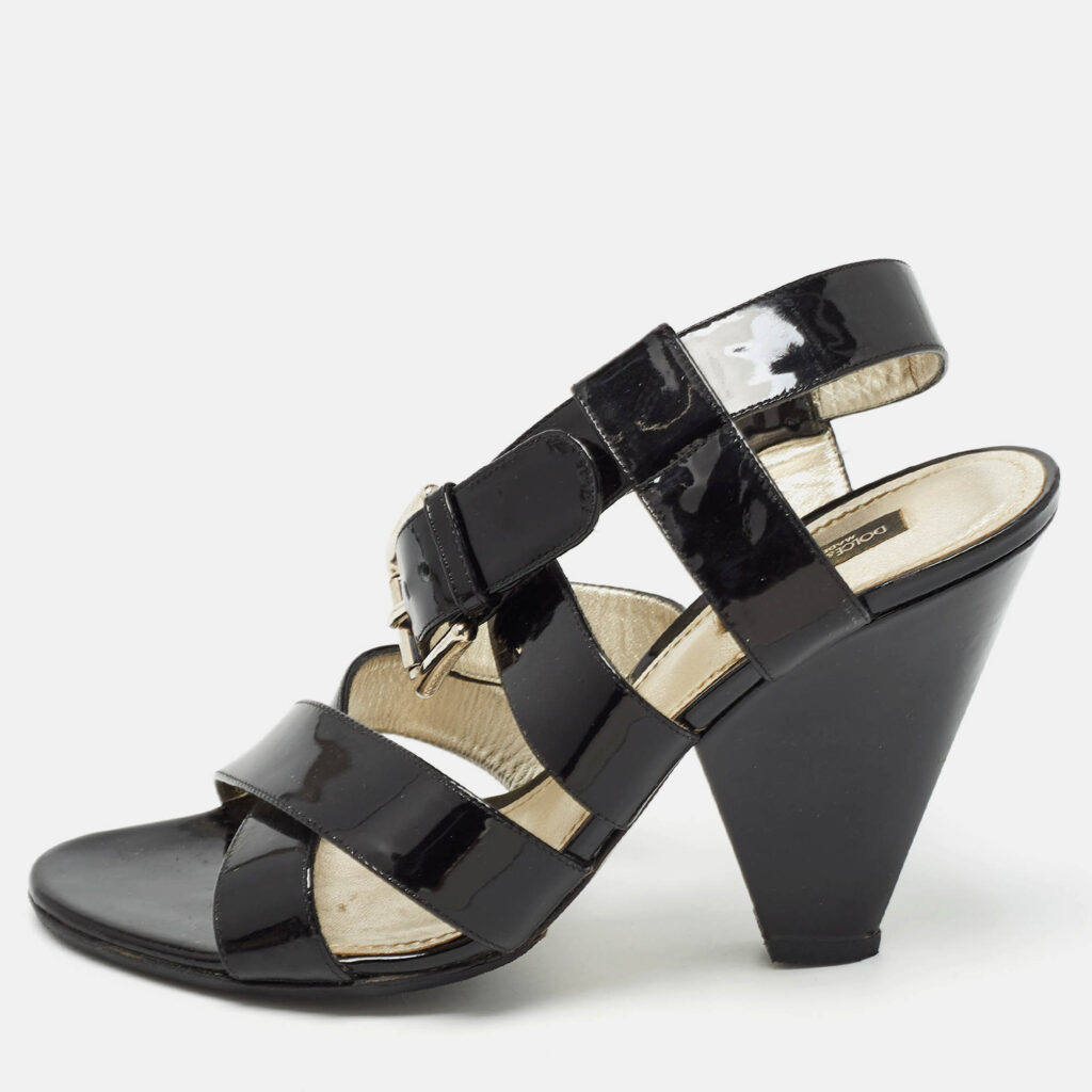 luxury-women-dolcegabbana-used-shoes-p973129-010 Dolce & Gabbana Black Patent Leather Ankle Strap Sandals Size 38.5