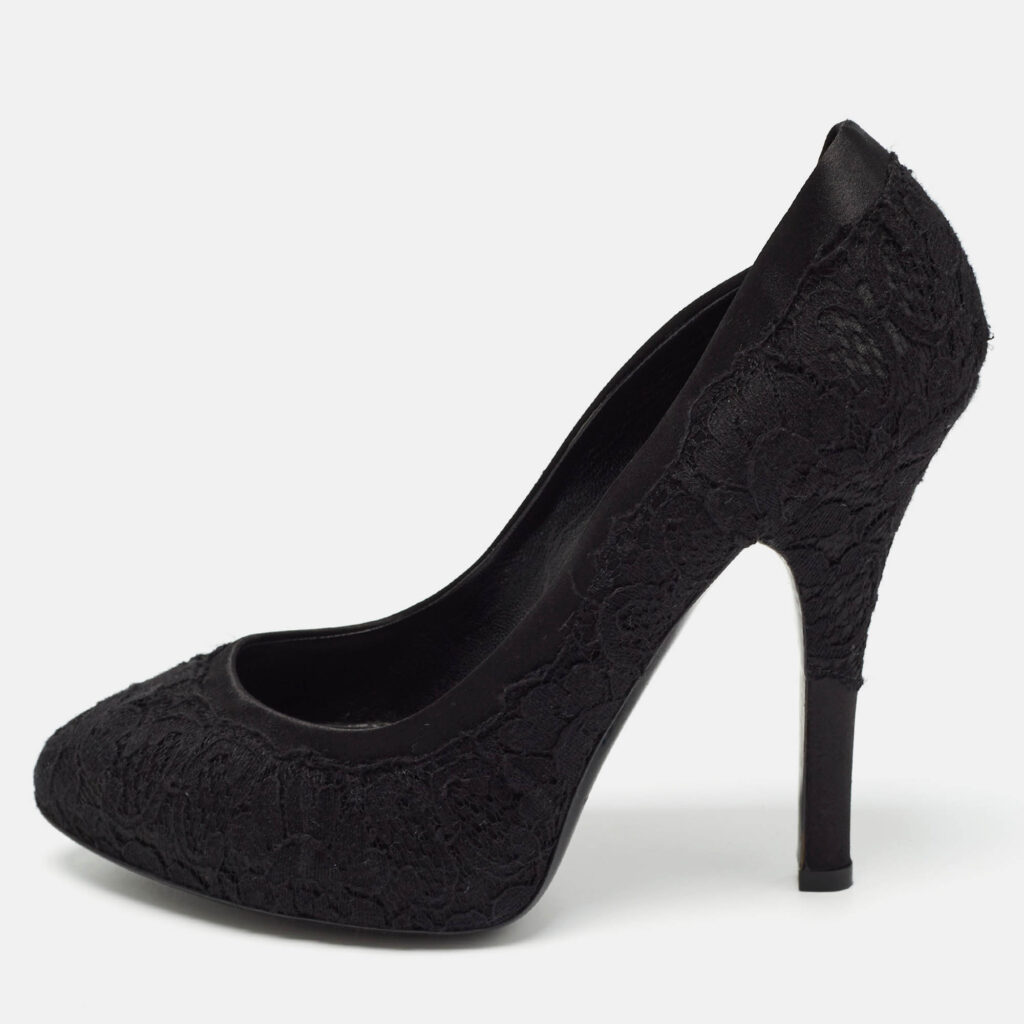 Dolce & Gabbana Black Lace and Satin Round Toe Pumps Size 37.5